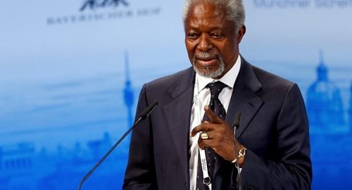 Former United Nations Secretary General Kofi Annan speaks at the Munich Security Conference in Munich, Germany, February 14, 2016.       REUTERS/Michael Dalder